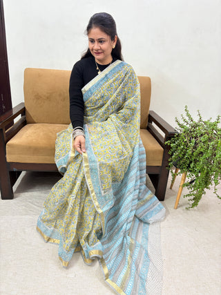 Office Wear Kota Doria Cotton Saree with Unstitched blouse Piece(Lining Included)