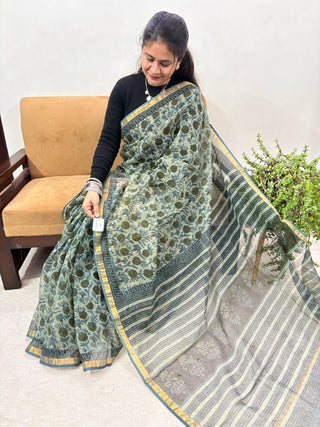 Vanaspati Ajrakh Hand Block Print Kota Doria Cotton Saree with Zari border and Unstitched Blouse Piece(Lining Included)