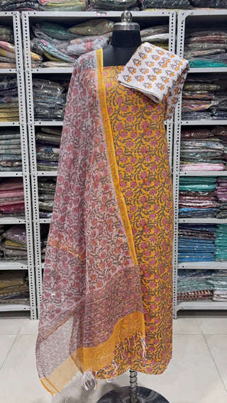 Cotton Block Print Office Wear Suit fabric with Kota Doria Dupatta