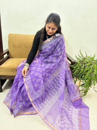Handblock Print Kota Doria Saree with Zari border and Unstitched Blouse Piece(Lining Included)