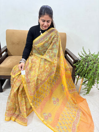 Handblock Print Kota Doria Saree with Zari border and Unstitched Blouse Piece(Lining Included)