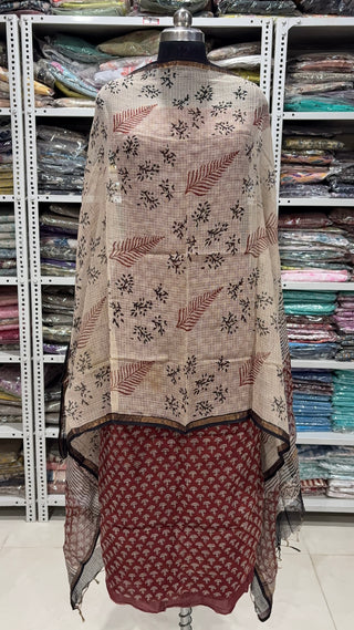 Hand block kota doria suit set for office wear with Lining included