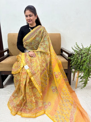 Handblock Print Kota Doria Saree with Zari border and Unstitched Blouse Piece(Lining Included)