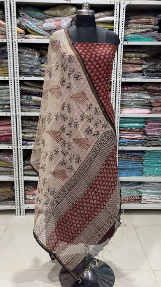 Hand block kota doria suit set for office wear with Lining included