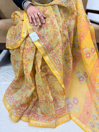 Handblock Print Kota Doria Saree with Zari border and Unstitched Blouse Piece(Lining Included)