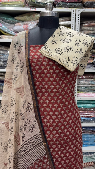 Hand block kota doria suit set for office wear with Lining included