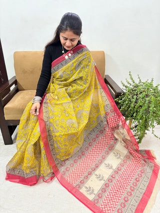 Hand Block Print Kota Doria Cotton Saree with zari border and unstitched Blouse Piece(Lining Included)