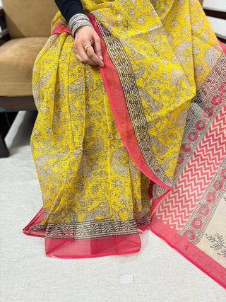 Hand Block Print Kota Doria Cotton Saree with zari border and unstitched Blouse Piece(Lining Included)