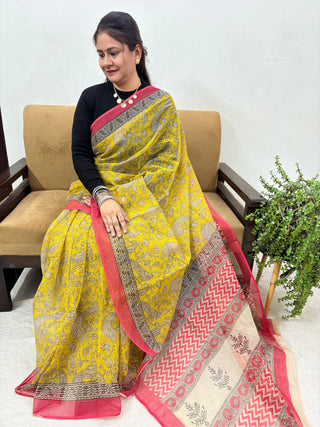 Hand Block Print Kota Doria Cotton Saree with zari border and unstitched Blouse Piece(Lining Included)