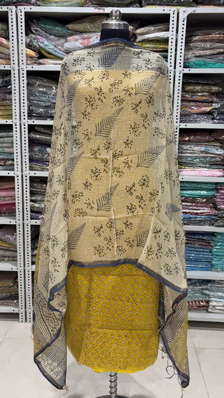 Hand block kota doria suit set for office wear with Lining included