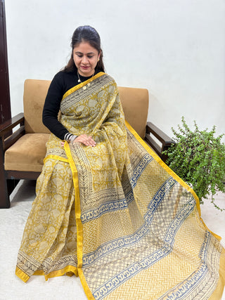 Hand Block Print Kota Doria Cotton Saree with zari border and unstitched Blouse Piece(Lining Included)