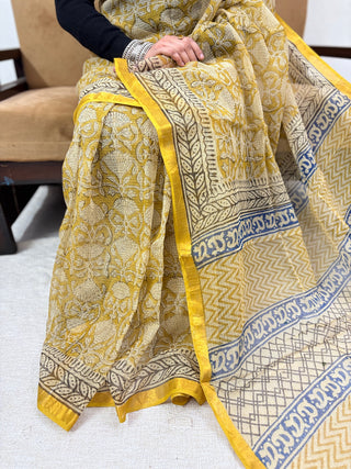 Hand Block Print Kota Doria Cotton Saree with zari border and unstitched Blouse Piece(Lining Included)