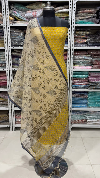 Hand block kota doria suit set for office wear with Lining included