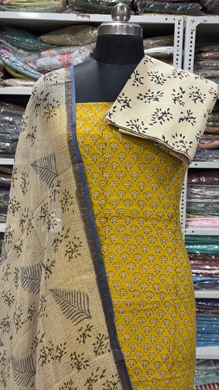 Hand block kota doria suit set for office wear with Lining included