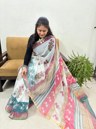 White Handblock printed Kota Doria Cotton Saree with Unstitched Blouse Piece(Lining Included)