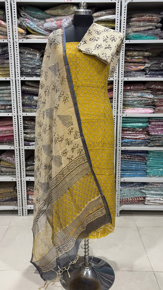Hand block kota doria suit set for office wear with Lining included