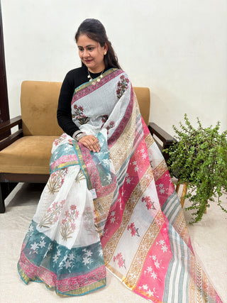 White Handblock printed Kota Doria Cotton Saree with Unstitched Blouse Piece(Lining Included)
