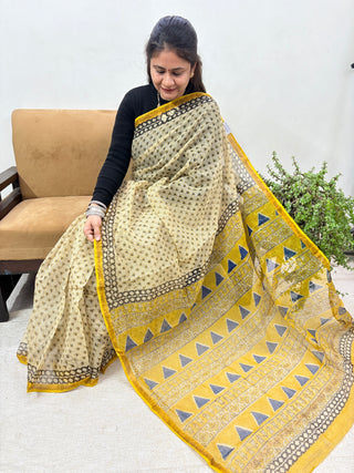 Ajrakh Handblock Print Kota Doria Cotton Saree with Zari Border and Unstitched Blouse Piece(Lining Included)