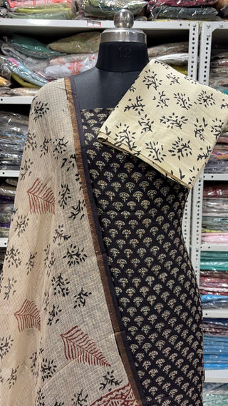 Hand block kota doria suit set for office wear with Lining included