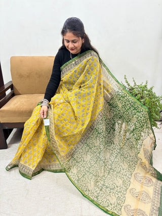 Yellow Hand Block Printed Kota Doria Cotton Saree with Unstitched Blouse Piece(Lining Included)