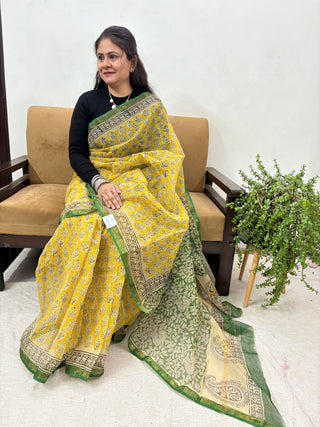 Yellow Hand Block Printed Kota Doria Cotton Saree with Unstitched Blouse Piece(Lining Included)