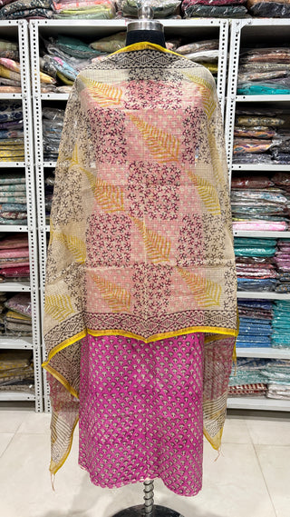 Cotton Block Print Office Wear Suit fabric with Kota Doria Dupatta