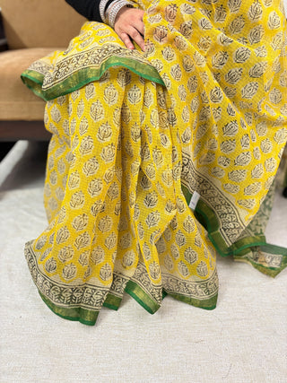 Yellow Hand Block Printed Kota Doria Cotton Saree with Unstitched Blouse Piece(Lining Included)