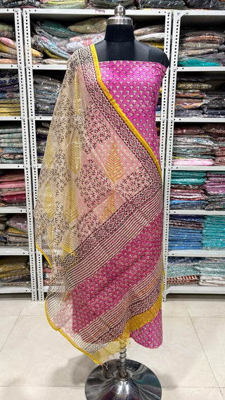 Cotton Block Print Office Wear Suit fabric with Kota Doria Dupatta