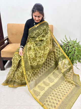 Vanaspati Ajrakh Hand Block Print Kota Doria Cotton Saree with zari border and unstitched Blouse Piece(Lining Included)