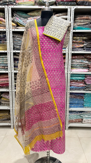 Cotton Block Print Office Wear Suit fabric with Kota Doria Dupatta
