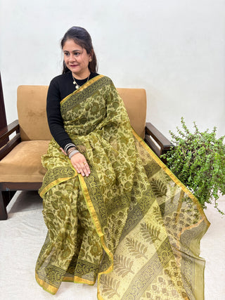 Vanaspati Ajrakh Hand Block Print Kota Doria Cotton Saree with zari border and unstitched Blouse Piece(Lining Included)