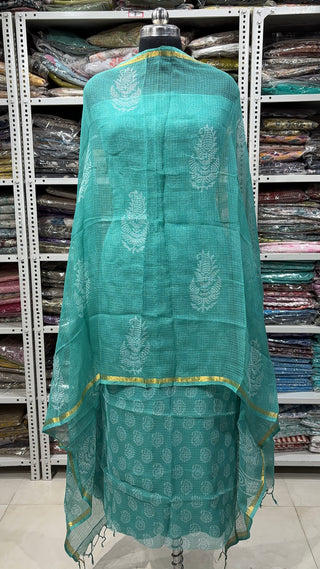 Hand block kota doria suit set for office wear with Lining included