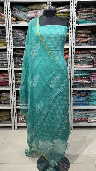Hand block kota doria suit set for office wear with Lining included