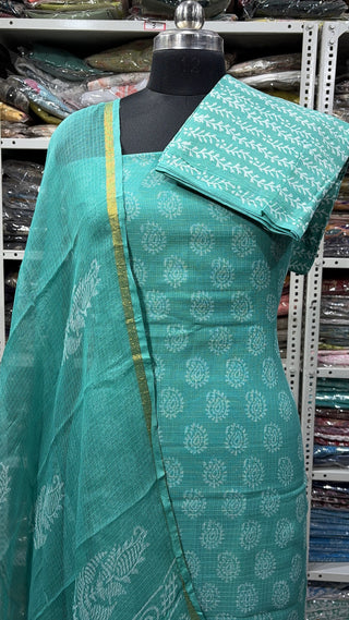 Hand block kota doria suit set for office wear with Lining included