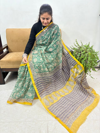 Hand Block Print Kota Doria Cotton Saree with Zari border and Unstitched Blouse Piece(Lining Included)
