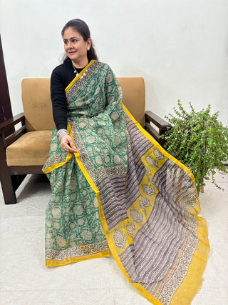 Hand Block Print Kota Doria Cotton Saree with Zari border and Unstitched Blouse Piece(Lining Included)