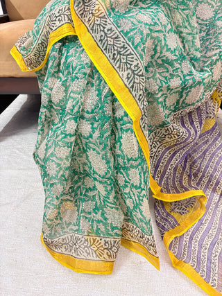 Hand Block Print Kota Doria Cotton Saree with Zari border and Unstitched Blouse Piece(Lining Included)