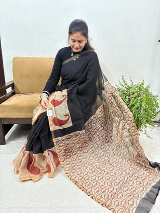 Handblock Print Kota Doria Cotton Saree with Unstitched blouse Piece(Lining Included)
