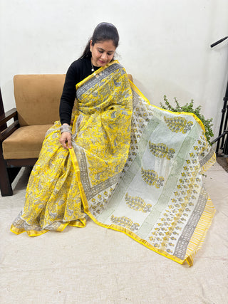 Yellow Handblock Print Kota Doria Cotton Saree with Unstitched Blouse Piece(Lining Included)