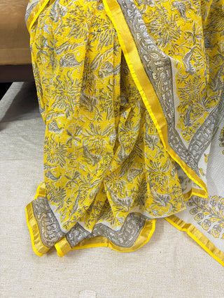 Yellow Handblock Print Kota Doria Cotton Saree with Unstitched Blouse Piece(Lining Included)