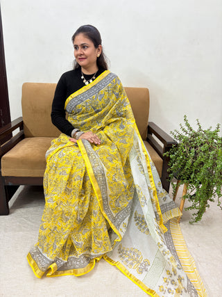 Yellow Handblock Print Kota Doria Cotton Saree with Unstitched Blouse Piece(Lining Included)