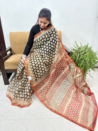 Handblock Print Kota Doria Cotton Saree with Zari border and Unstitched Blouse Piece(Lining Included)