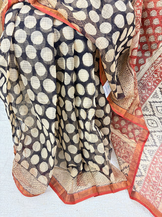 Handblock Print Kota Doria Cotton Saree with Zari border and Unstitched Blouse Piece(Lining Included)