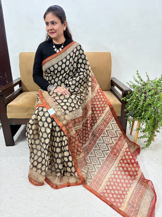 Handblock Print Kota Doria Cotton Saree with Zari border and Unstitched Blouse Piece(Lining Included)
