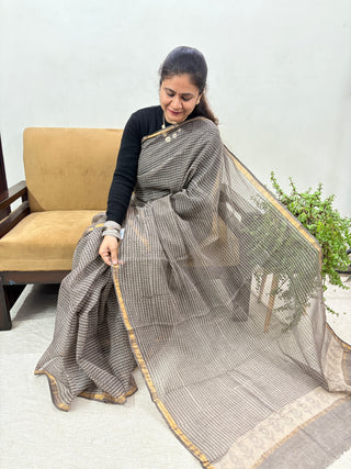 Handblock Print Kota Doria Cotton Saree with Zari border and Unstitched Blouse Piece(Lining Included)