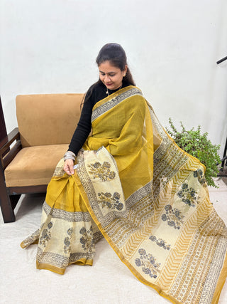 Mustard Hand Block Print Kota Doria Cotton Saree with Unstitched Blouse Piece(Lining Included)