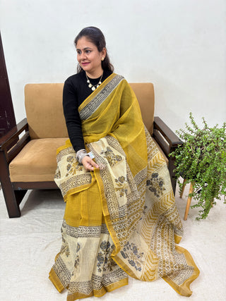 Mustard Hand Block Print Kota Doria Cotton Saree with Unstitched Blouse Piece(Lining Included)