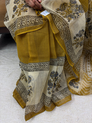 Mustard Hand Block Print Kota Doria Cotton Saree with Unstitched Blouse Piece(Lining Included)