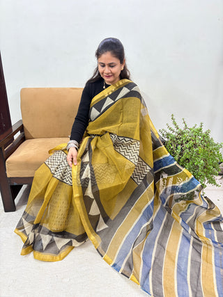 Hand Block Print Kota Doria Cotton Saree with Zari border and Unstitched Blouse Piece(Lining Included)