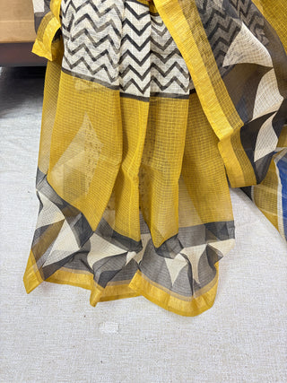 Hand Block Print Kota Doria Cotton Saree with Zari border and Unstitched Blouse Piece(Lining Included)